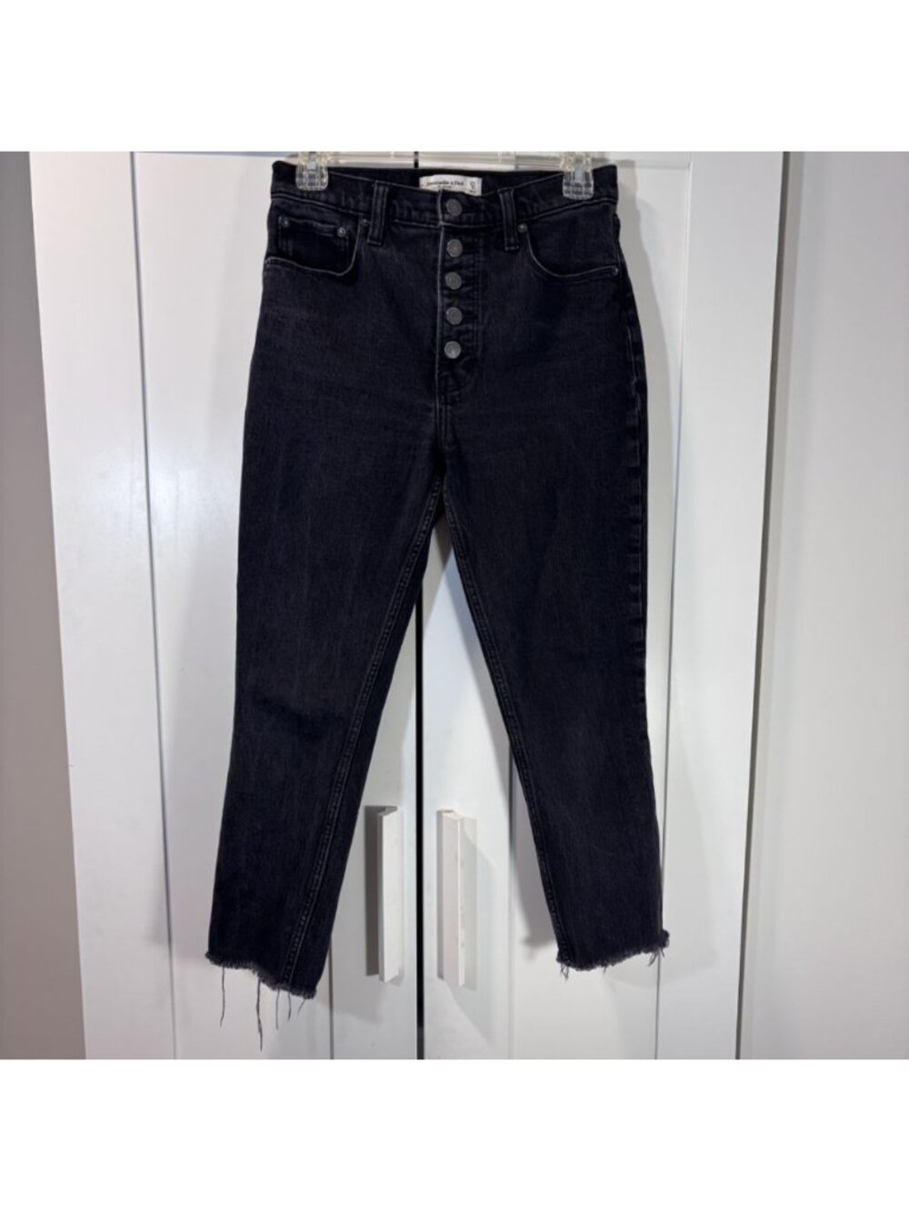Abercrombie & Fitch black jeans raw hem button fly Cotton Skinny High Rise 27 4S